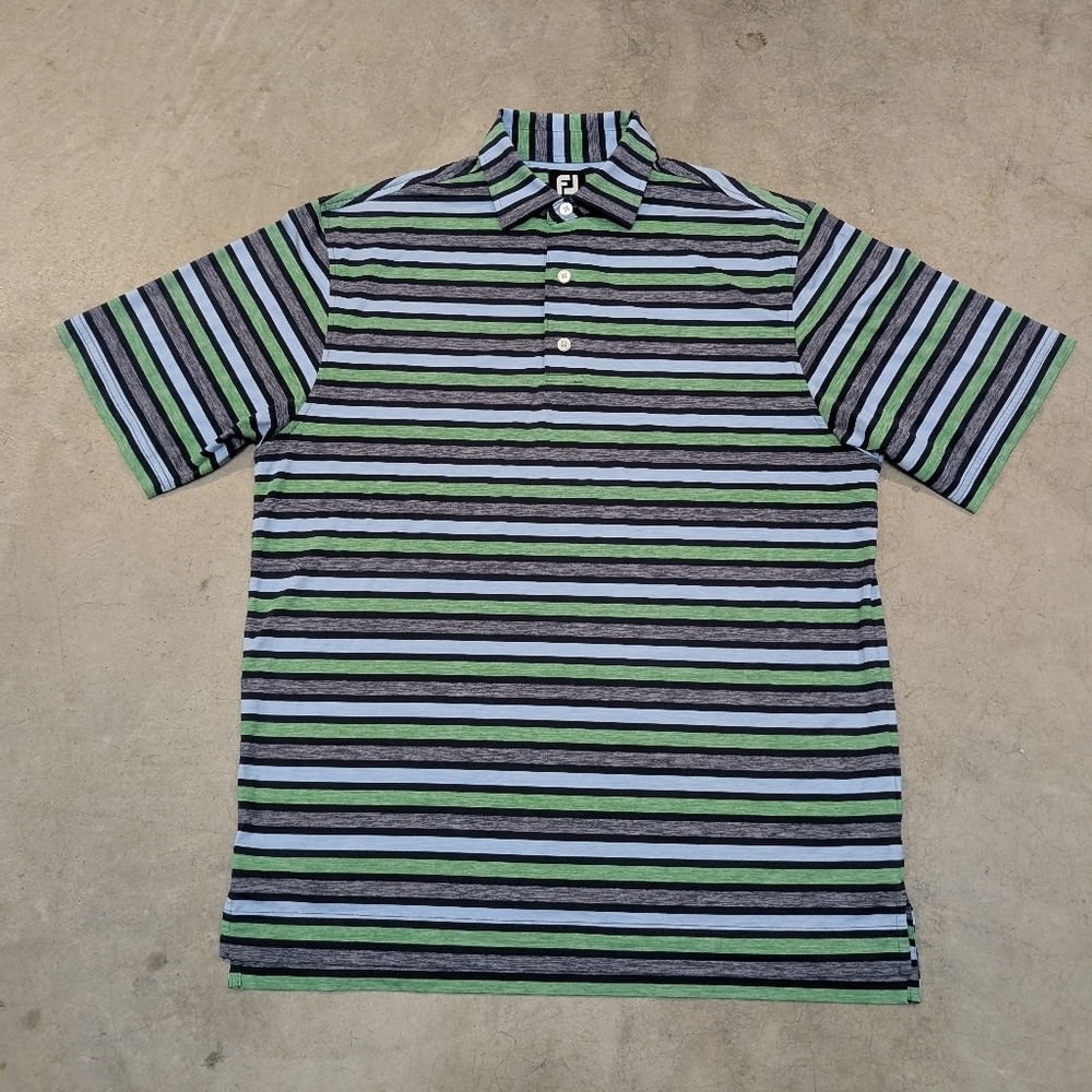 FJ Footjoy Golf Polo Mens M Striped Gray Green Blue Short Sleeve Stretch